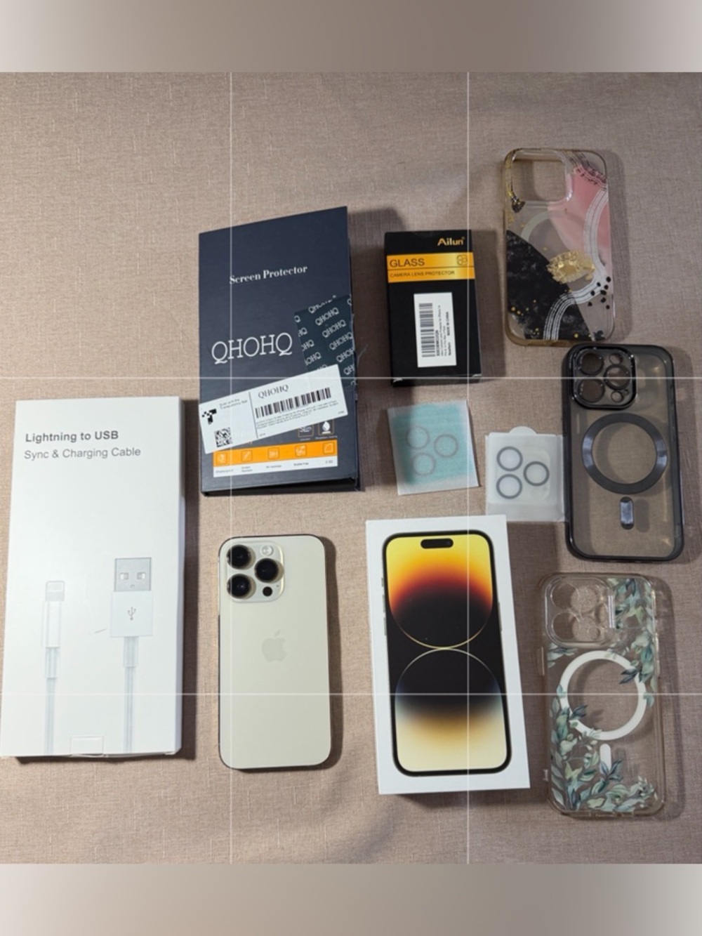 Gold Apple iPhone 14 Pro 256GB Unlocked with Box, cases and more